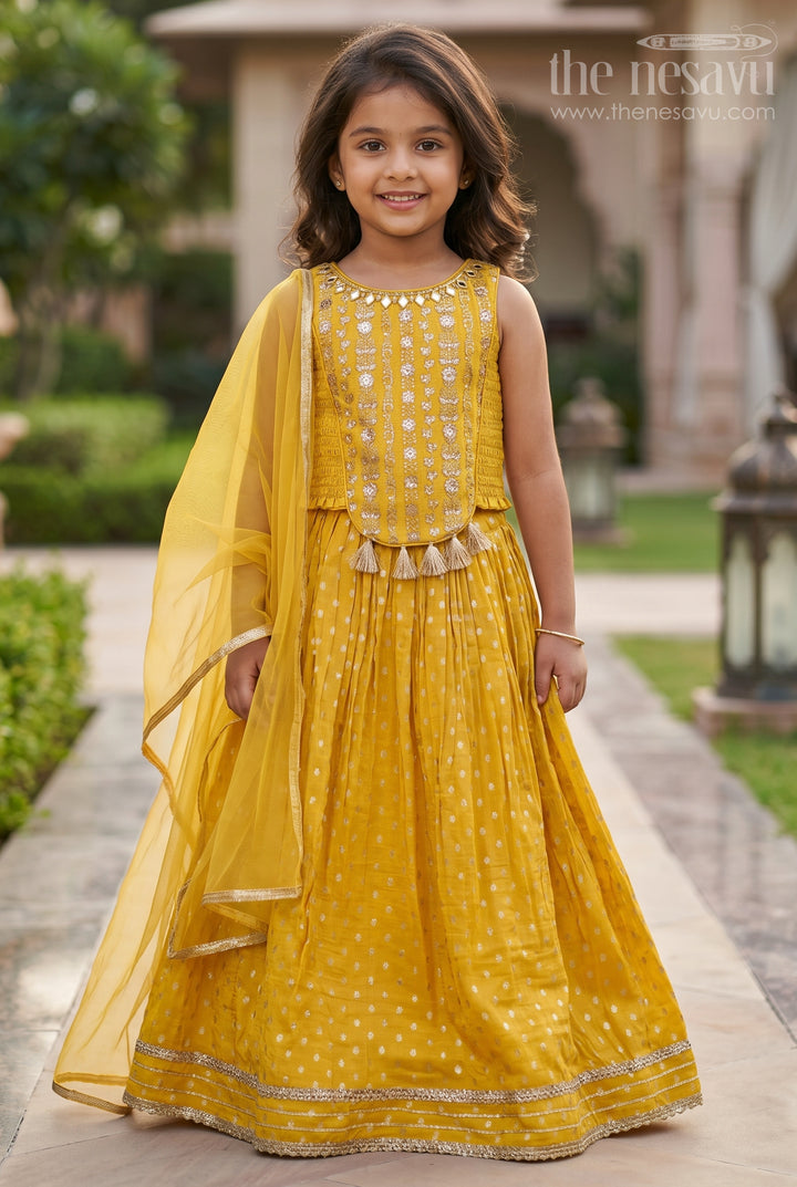 Girls Silk Lehenga Dress in Golden Yellow with Designer Embroidery and Dupatta