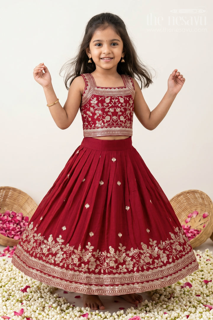 Girls Chinon Silk Party Wear Dresses Maroon Lehenga Choli Set with Embroidered Blouse and Dupatta