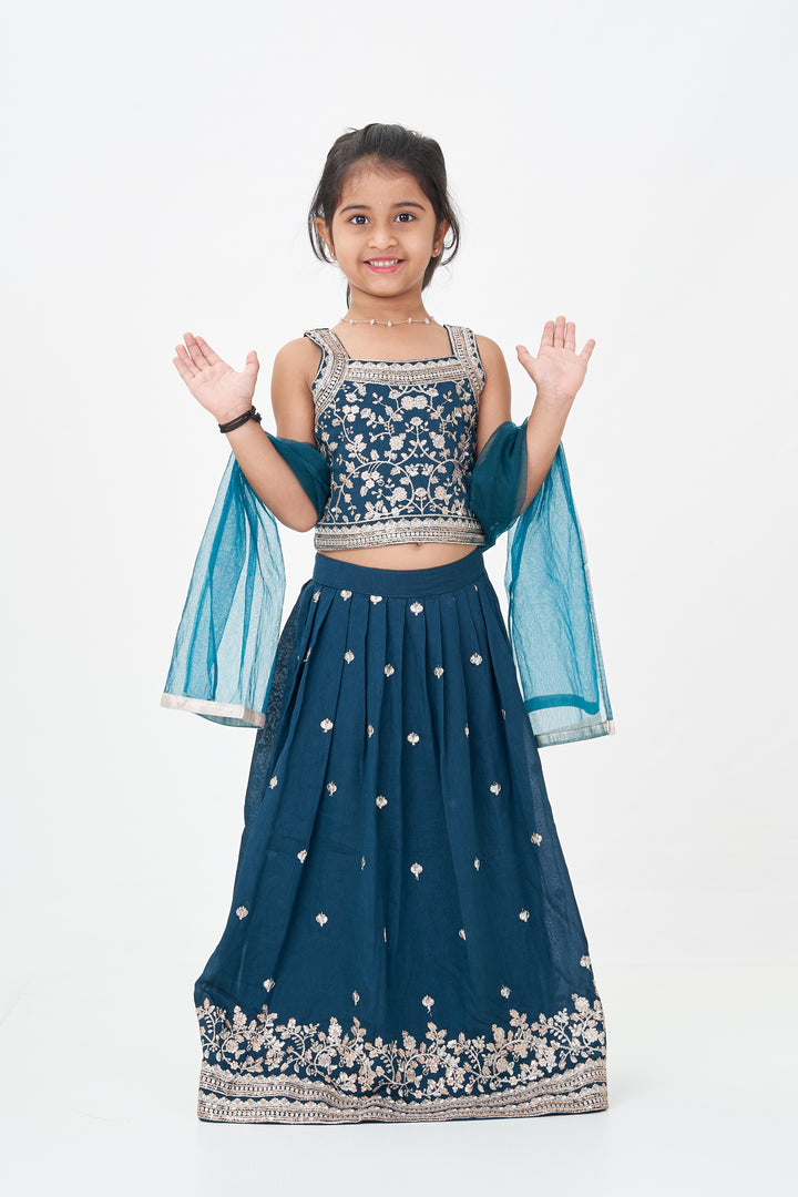 Girls Chinon Silk Dresses for Wedding Function in Deep Green with Embroidered Blouse and Flared Lehenga