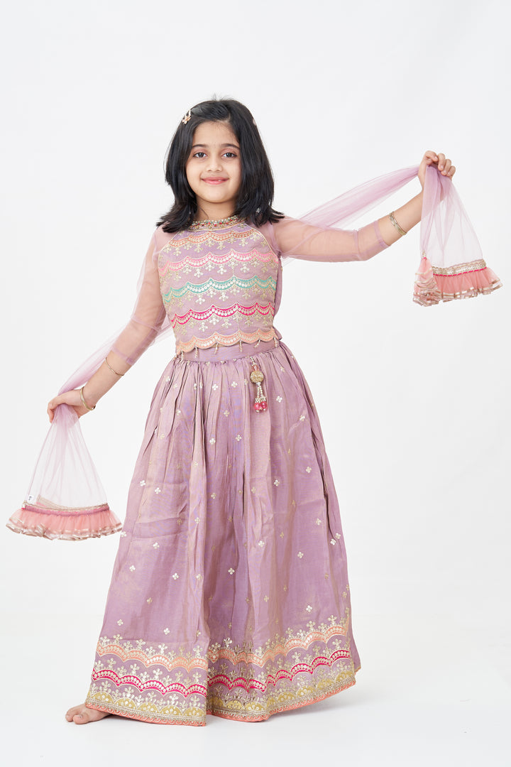Girls Marriage Function Dress in Tissue Fabric with Sequin Embroidery and Designer Multicolor Yoke