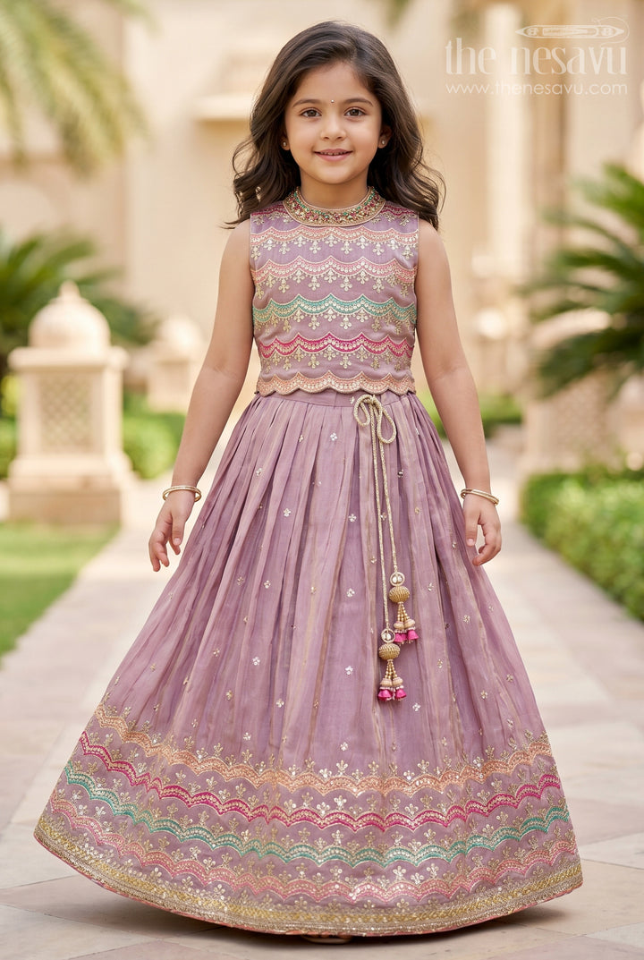 Girls Marriage Function Dress in Tissue Fabric with Sequin Embroidery and Designer Multicolor Yoke