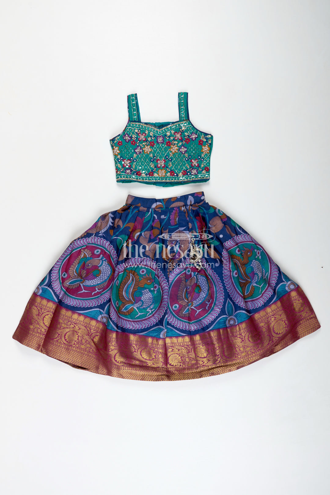 Girls Lehenga Trendy with Semi Silk Printed Skirt and Mirror Embroidered Choli in Peacock Motif
