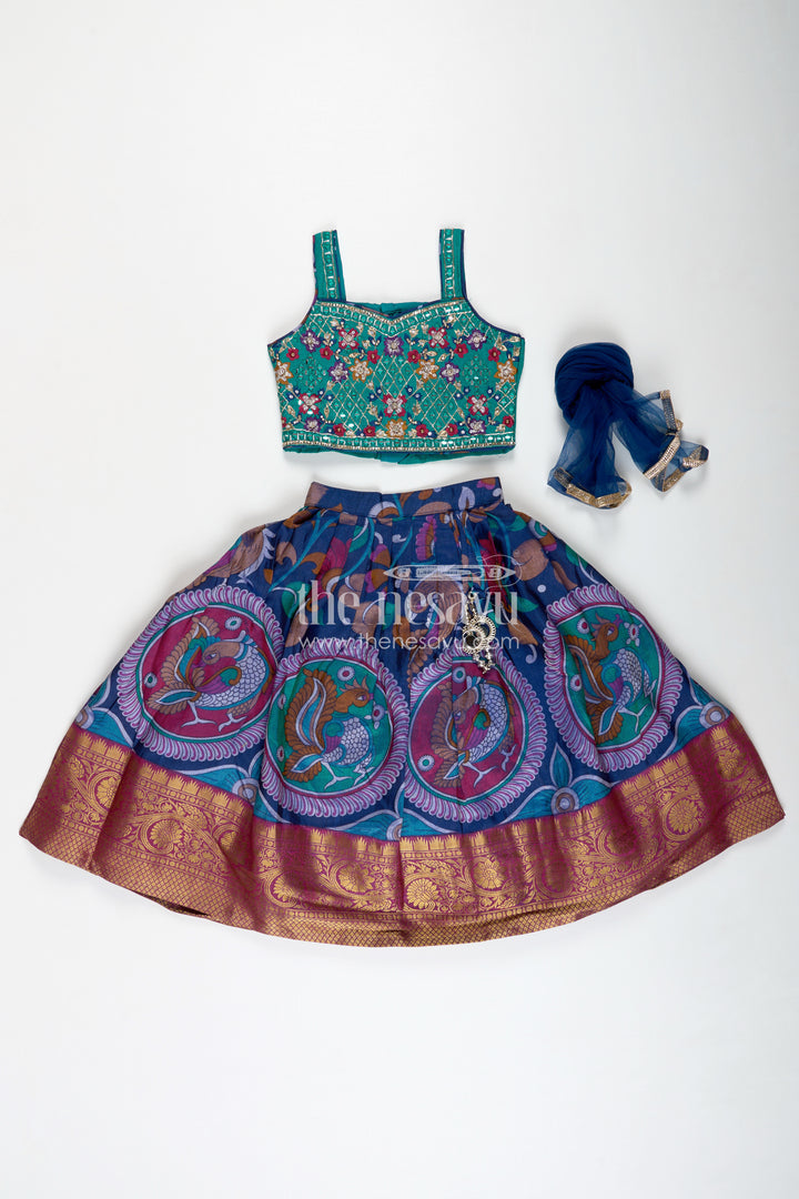 Girls Lehenga Trendy with Semi Silk Printed Skirt and Mirror Embroidered Choli in Peacock Motif