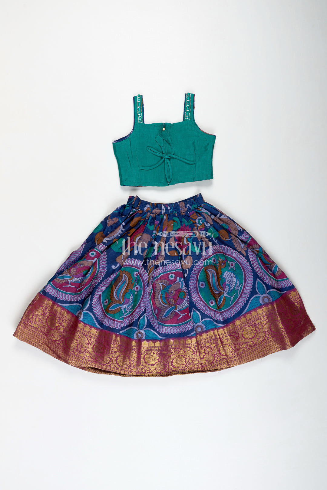 Girls Lehenga Trendy with Semi Silk Printed Skirt and Mirror Embroidered Choli in Peacock Motif