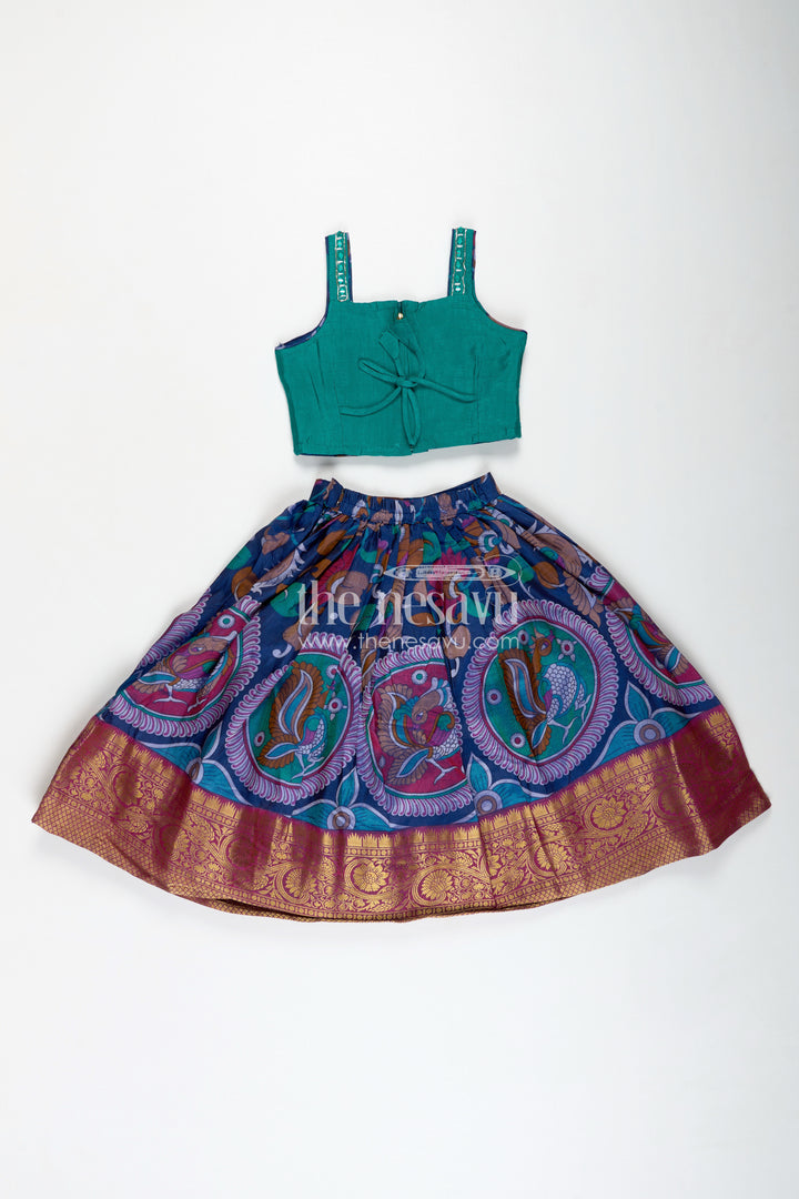 Girls Lehenga Trendy with Semi Silk Printed Skirt and Mirror Embroidered Choli in Peacock Motif