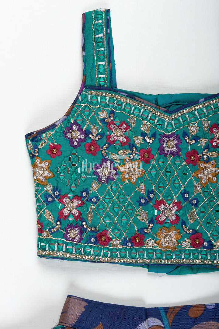 Girls Lehenga Trendy with Semi Silk Printed Skirt and Mirror Embroidered Choli in Peacock Motif