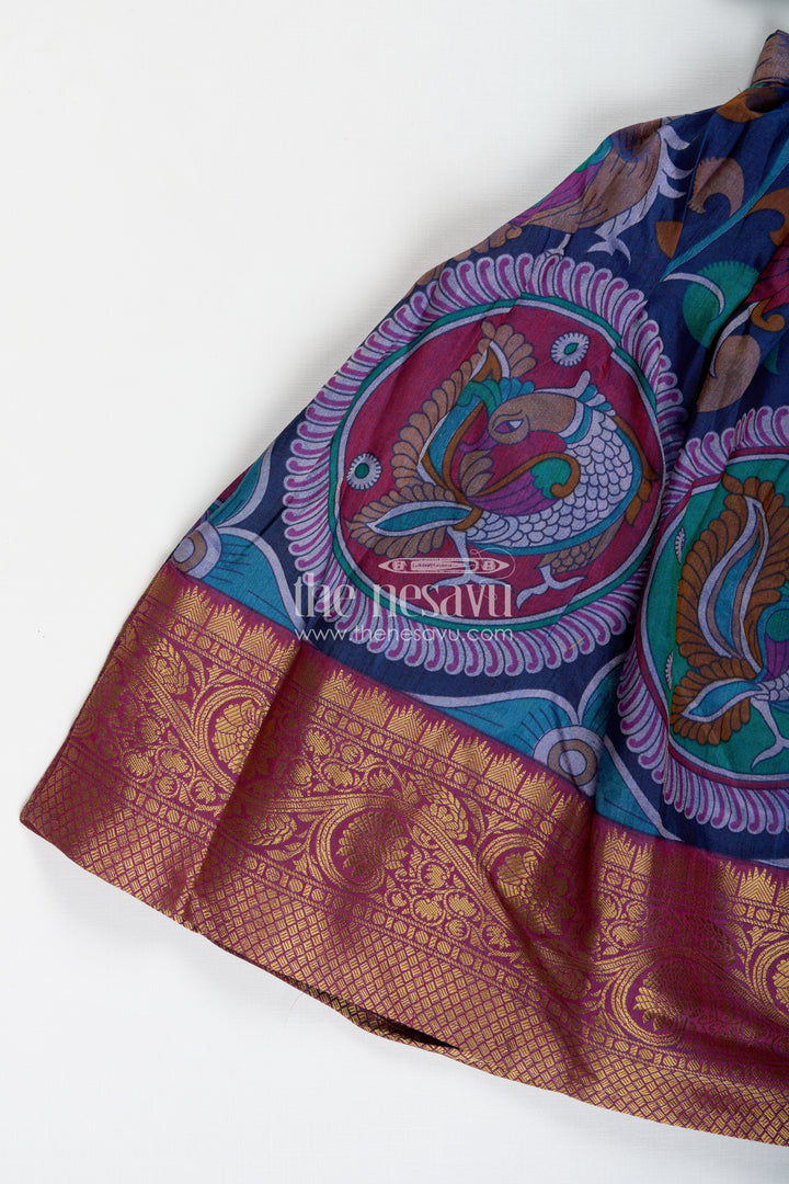 Girls Lehenga Trendy with Semi Silk Printed Skirt and Mirror Embroidered Choli in Peacock Motif