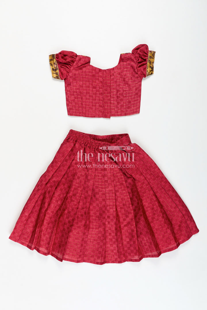 Cotton Lehenga Set for Girls in Maroon with Yellow Chanderi Yoke and Floral Detailing