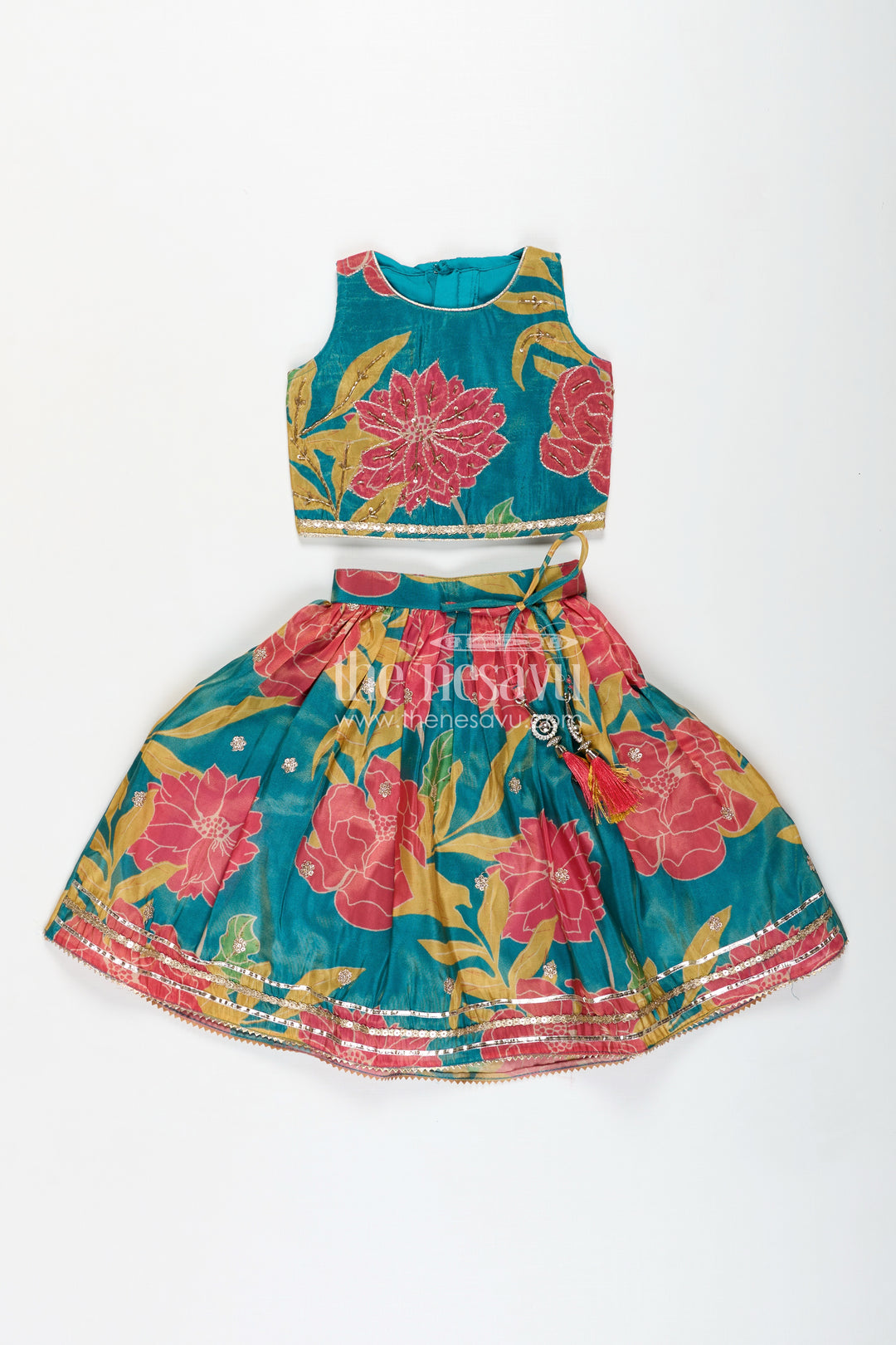 Girls Lehenga with Embroidery in Teal Georgette Featuring Floral Digital Print and Coordinated Blouse