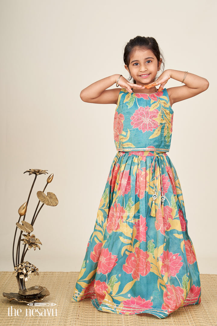 Girls Lehenga with Embroidery in Teal Georgette Featuring Floral Digital Print and Coordinated Blouse