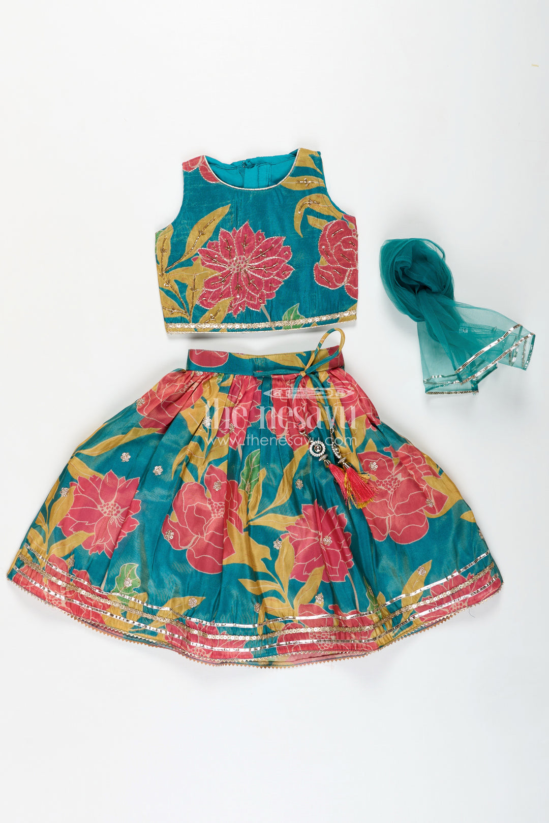 Girls Lehenga with Embroidery in Teal Georgette Featuring Floral Digital Print and Coordinated Blouse