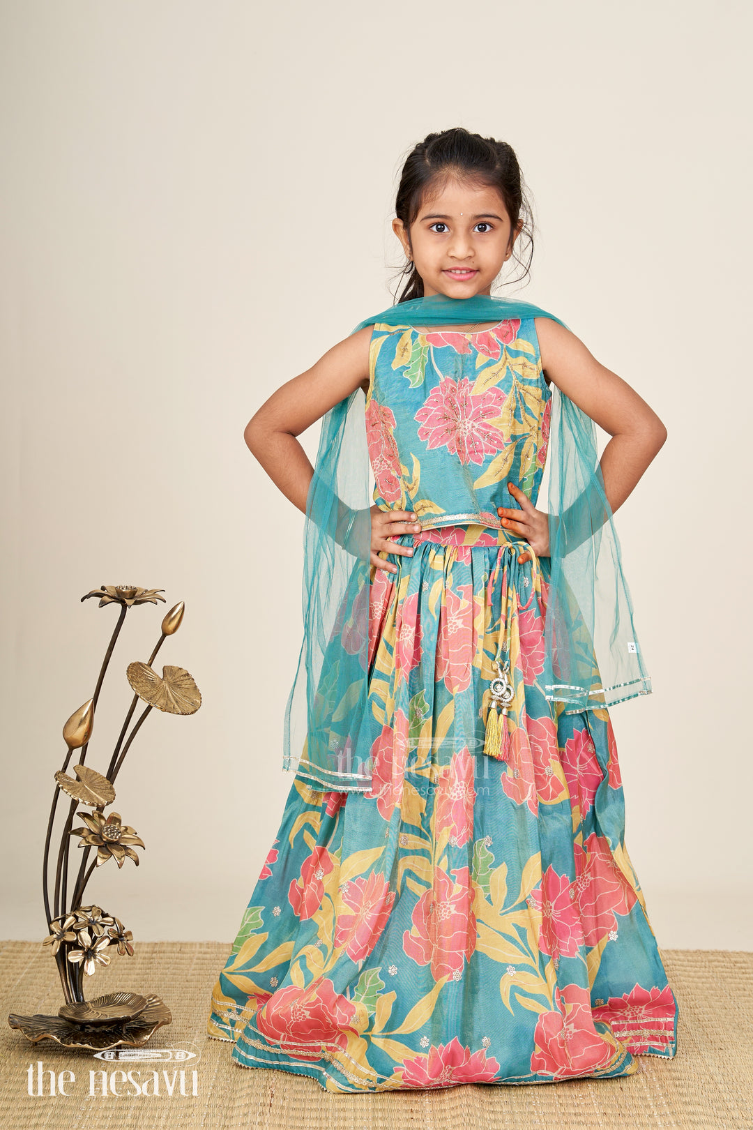 Girls Lehenga with Embroidery in Teal Georgette Featuring Floral Digital Print and Coordinated Blouse
