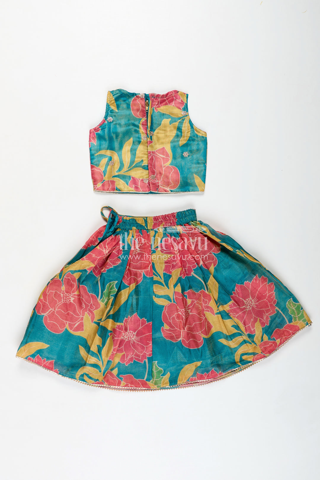 Girls Lehenga with Embroidery in Teal Georgette Featuring Floral Digital Print and Coordinated Blouse