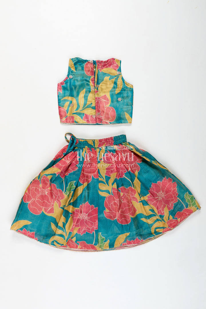 Girls Lehenga with Embroidery in Teal Georgette Featuring Floral Digital Print and Coordinated Blouse