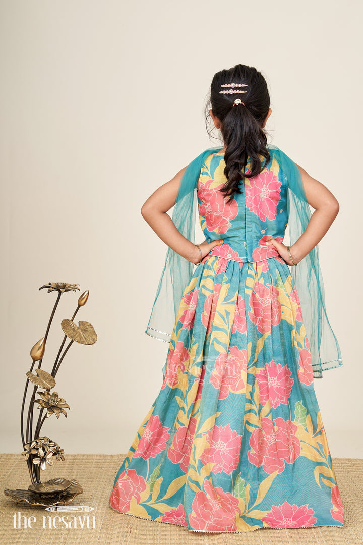 Girls Lehenga with Embroidery in Teal Georgette Featuring Floral Digital Print and Coordinated Blouse