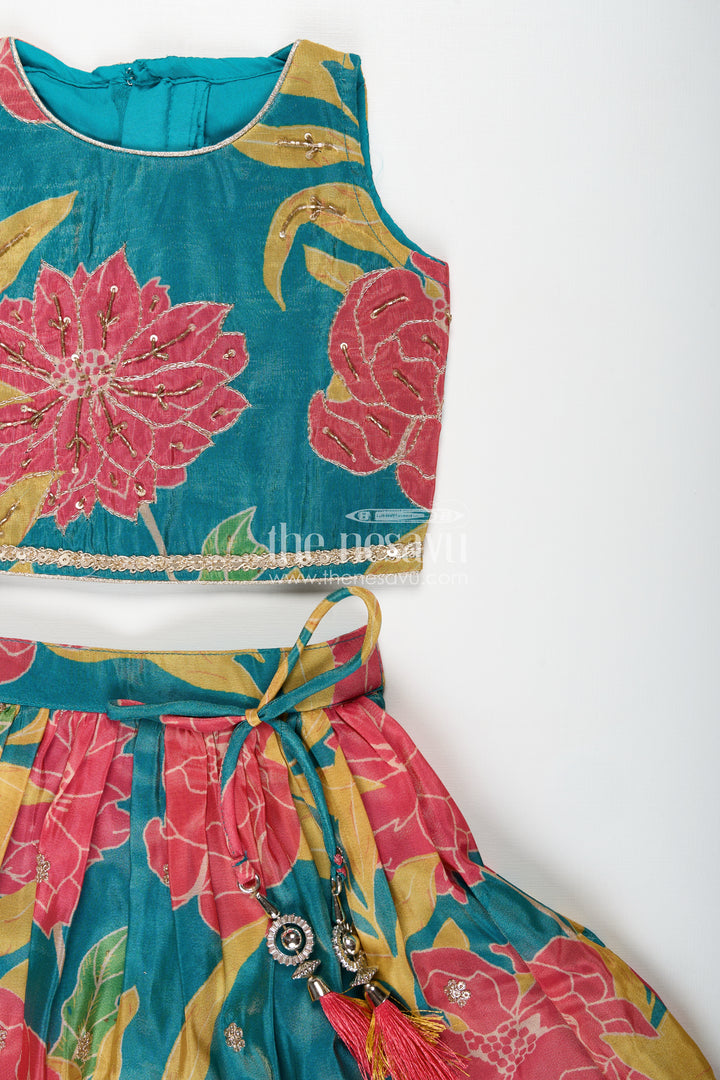 Girls Lehenga with Embroidery in Teal Georgette Featuring Floral Digital Print and Coordinated Blouse