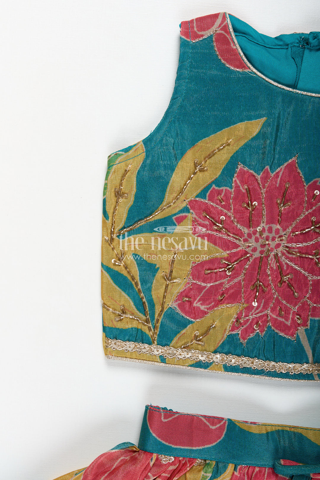 Girls Lehenga with Embroidery in Teal Georgette Featuring Floral Digital Print and Coordinated Blouse