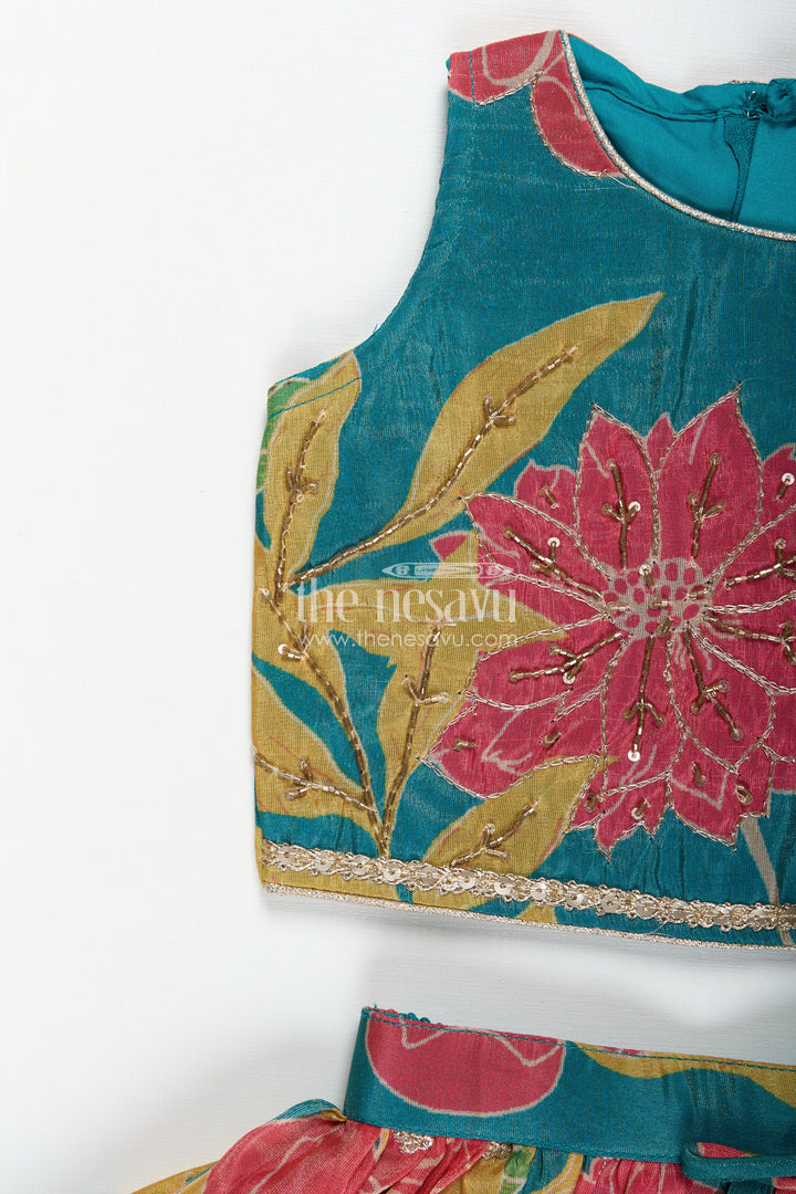 Girls Lehenga with Embroidery in Teal Georgette Featuring Floral Digital Print and Coordinated Blouse