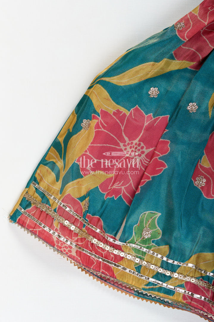 Girls Lehenga with Embroidery in Teal Georgette Featuring Floral Digital Print and Coordinated Blouse