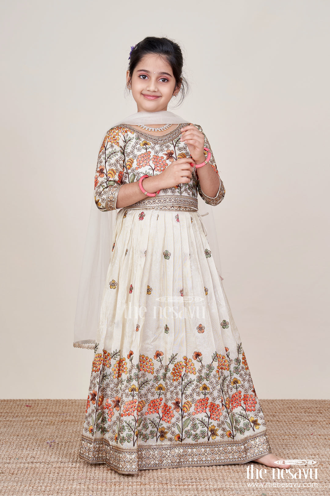 Girls Floral Silk Lehenga Choli with Embroidered Yoke for Festive Wear