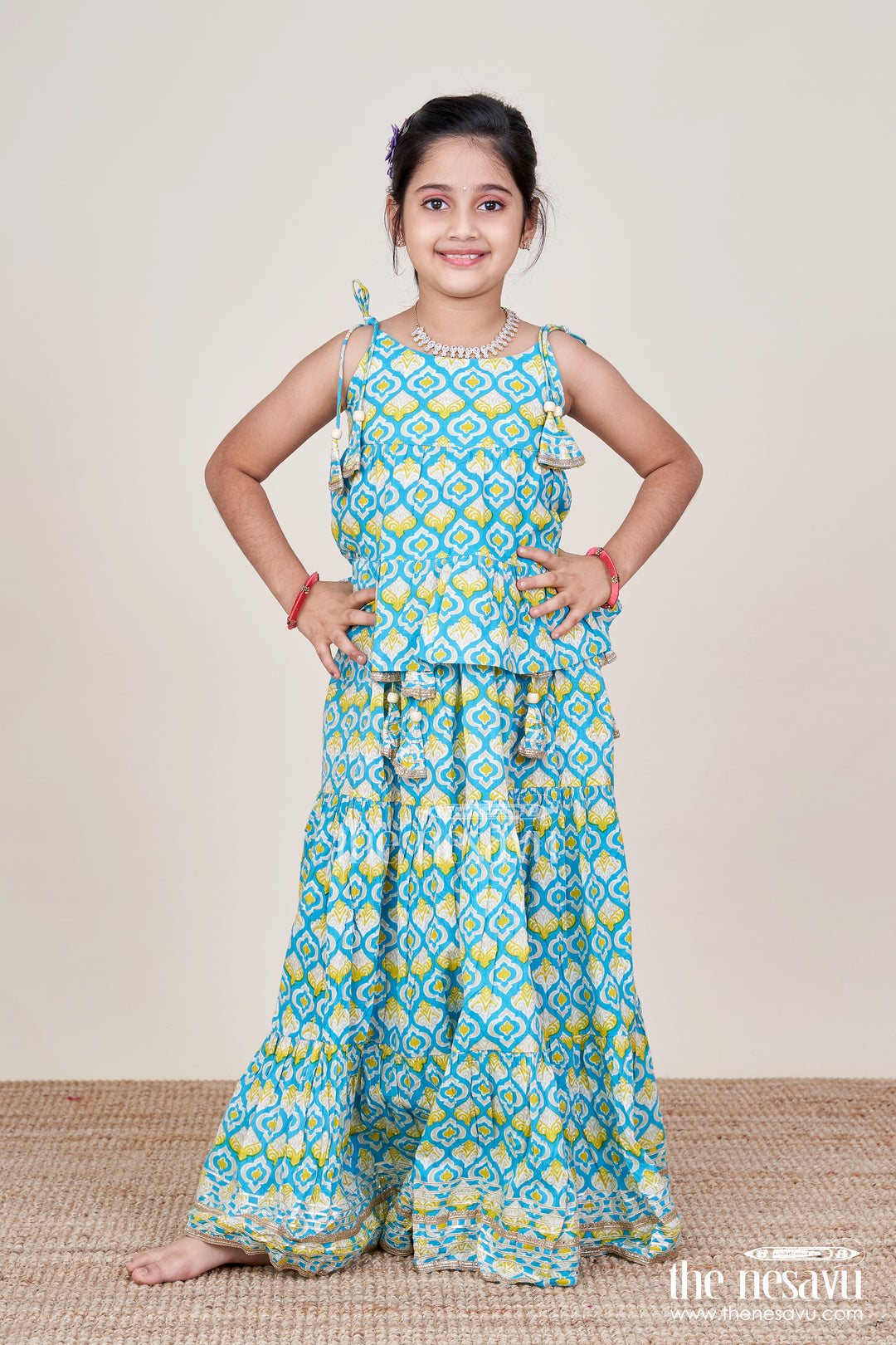 Girls Printed Cotton Lehenga Choli with Ruffle Hem and Tassel Belt