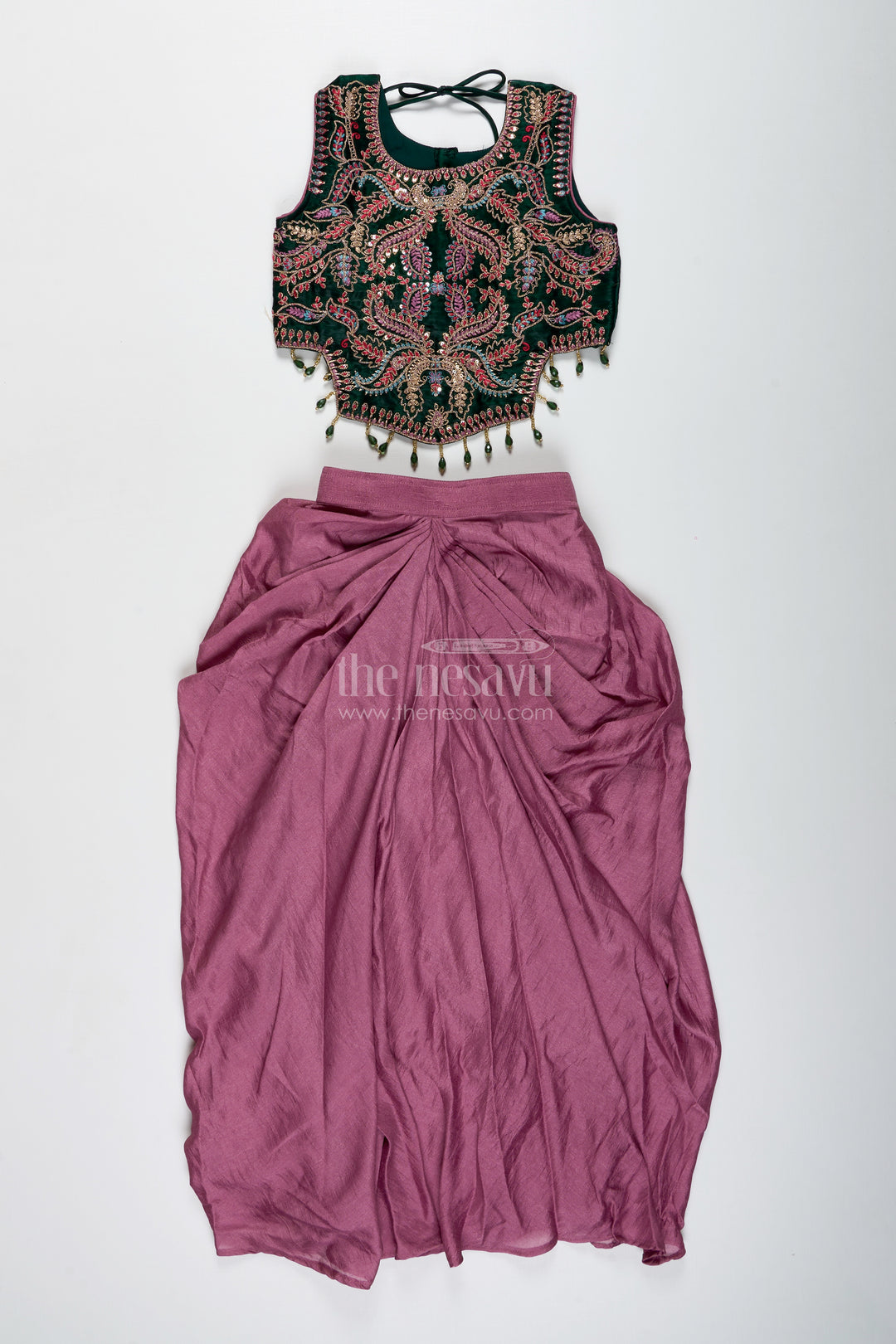 Girls Lehenga Choli with Embroidered Blouse and Mocca Skirt