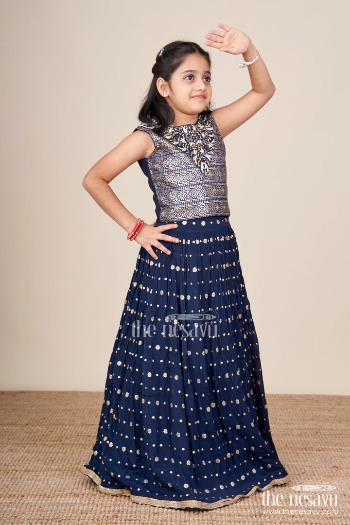 Girls Navy Blue Georgette Lehenga Choli with Embroidered Yoke for Weddings