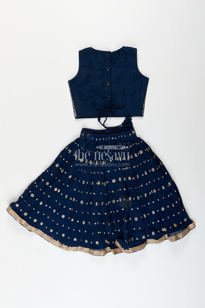 Girls navy blue georgette lehenga choli with embroidered yoke for weddings