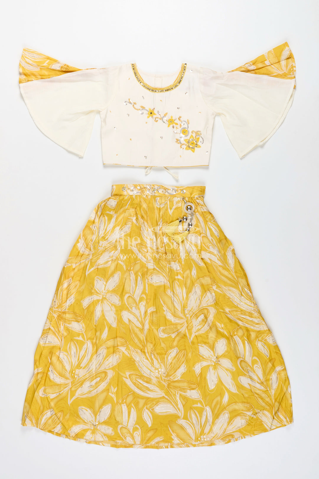 Girls lehenga choli set with floral print and flutter sleeves