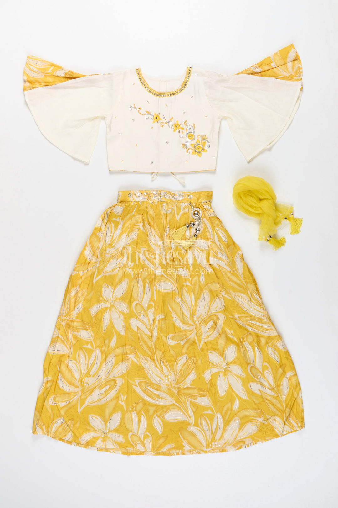 Girls lehenga choli set with floral print and flutter sleeves