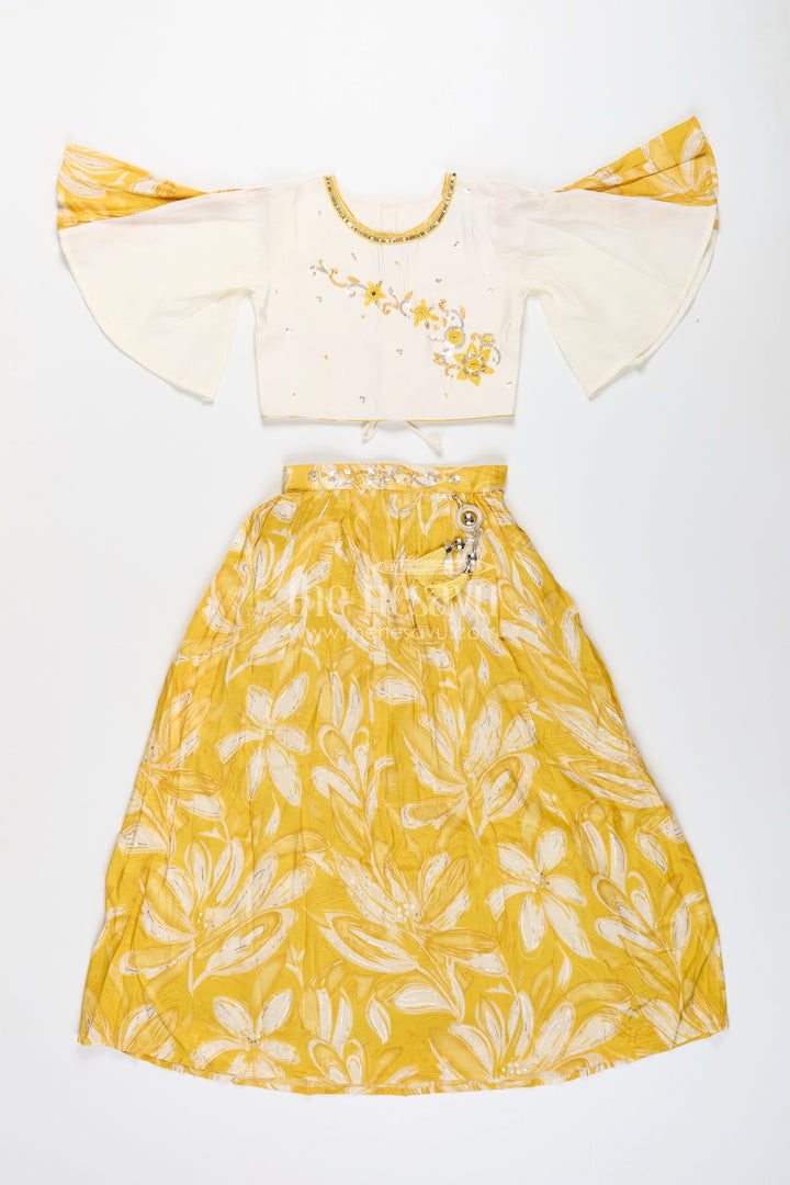 Girls lehenga choli set with floral print and flutter sleeves