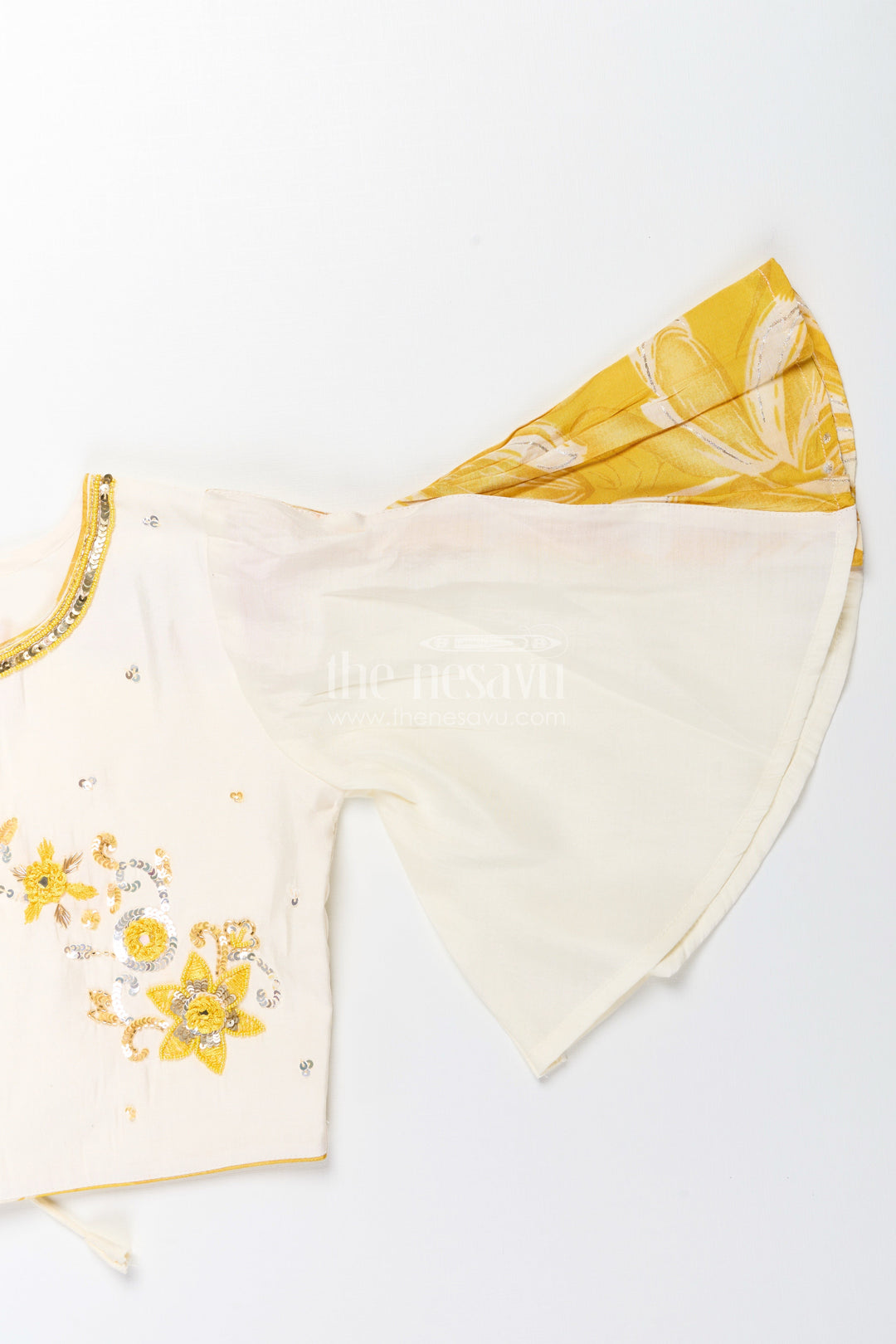 Girls lehenga choli set with floral print and flutter sleeves