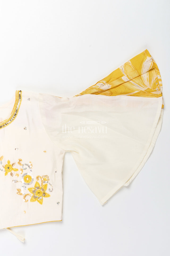 Girls lehenga choli set with floral print and flutter sleeves