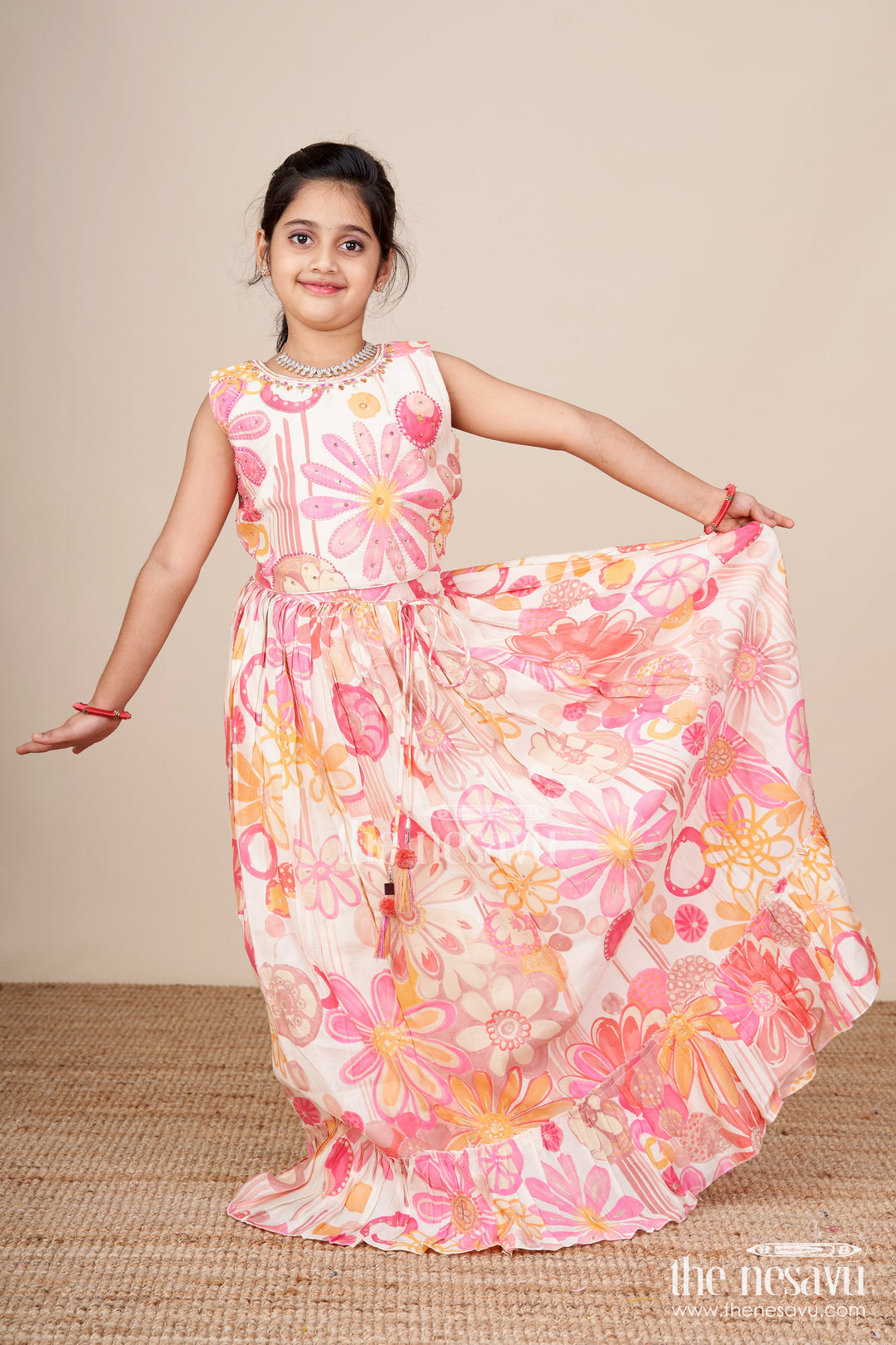 Girls Lehenga Choli Set with Floral Print for Birthdays and Festive Events