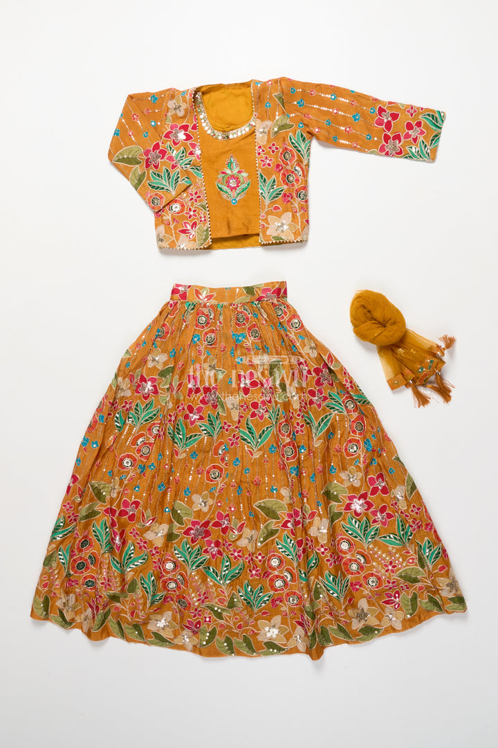 Girls lehenga set with embroidered blouse and digital print skirt