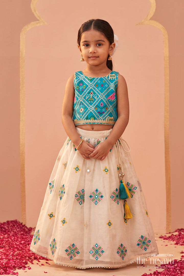 Girls Lehenga Choli in Turquoise with Thread Embroidery