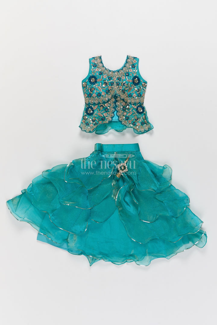 Girls Fancy Lehenga in Turquoise with Smart Tailoring