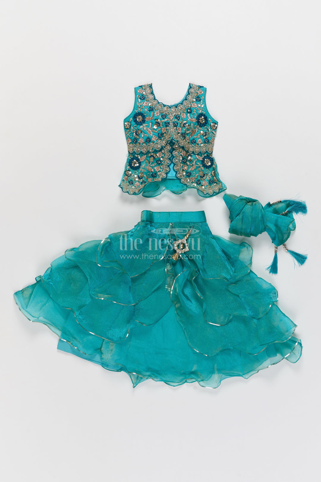 Girls Fancy Lehenga in Turquoise with Smart Tailoring