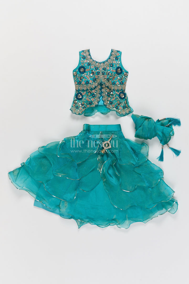 Girls Fancy Lehenga in Turquoise with Smart Tailoring
