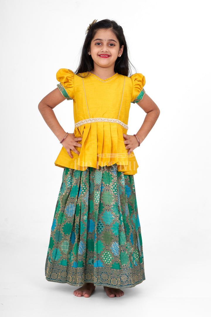 Girls Yellow and Green Pattu Pavadai Set with Puff Sleeves and Beaded Waistline Detailing