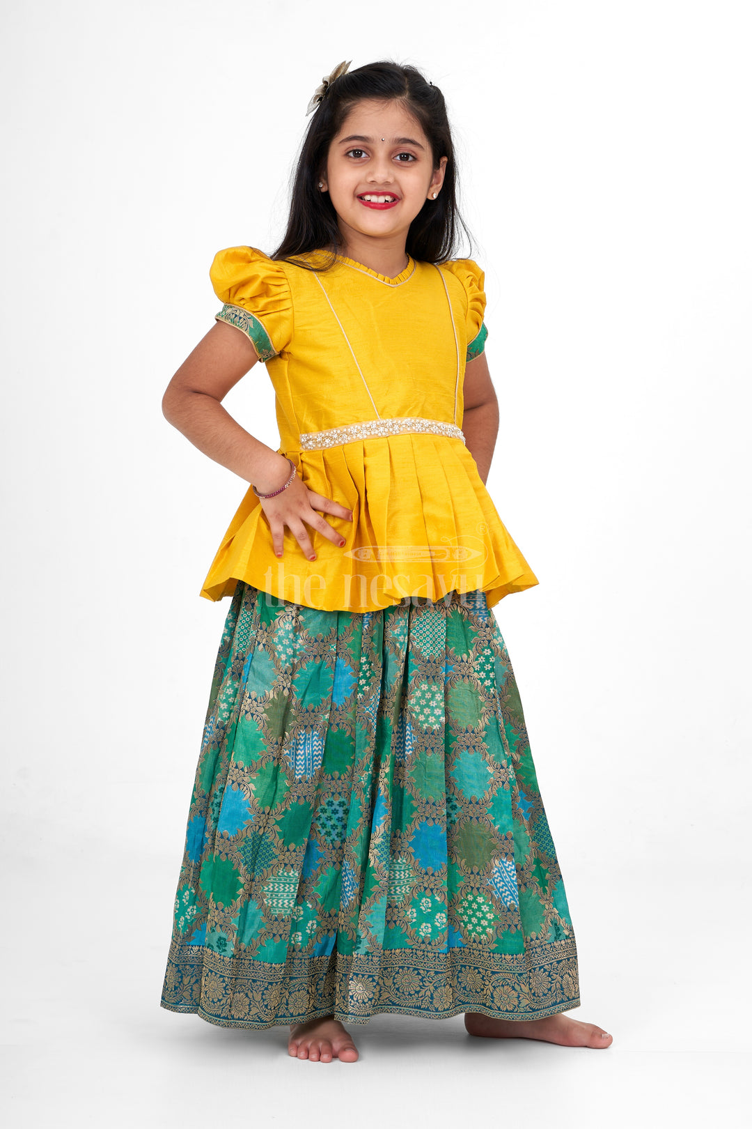 Girls Yellow and Green Pattu Pavadai Set with Puff Sleeves and Beaded Waistline Detailing