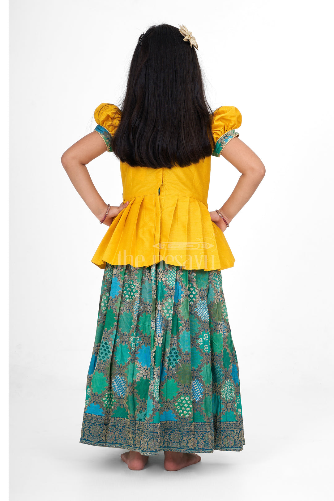 Girls Yellow and Green Pattu Pavadai Set with Puff Sleeves and Beaded Waistline Detailing