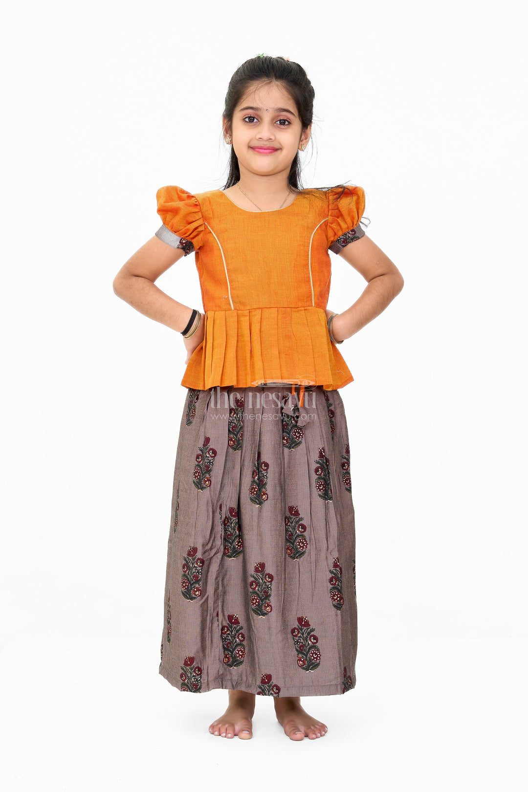 Girls Traditional Pattu Pavadai Dress in Orange and Black with Silk Blend Fabric and Elegant Zari Accents