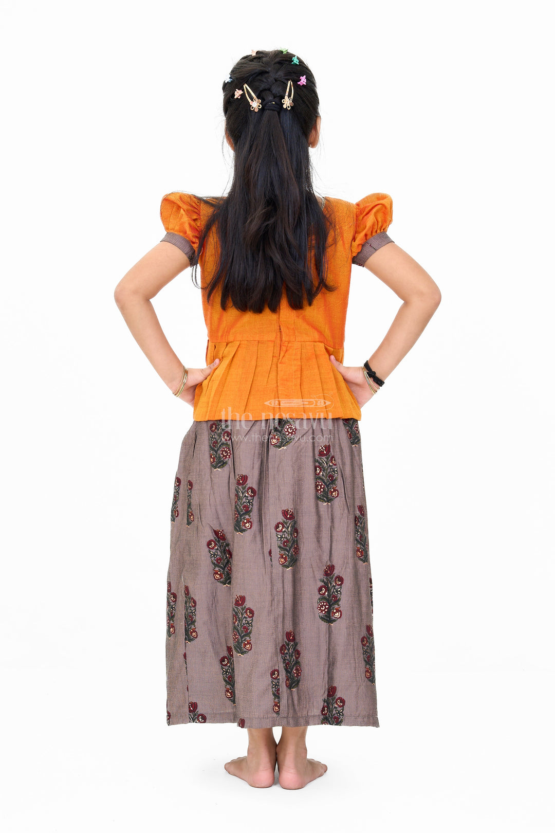 Girls Traditional Pattu Pavadai Dress in Orange and Black with Silk Blend Fabric and Elegant Zari Accents