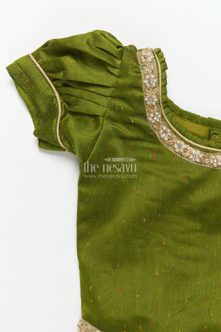 Toddler Girl Pattu Pavadai in Green with Floral Printed Skirt for Festive Wear