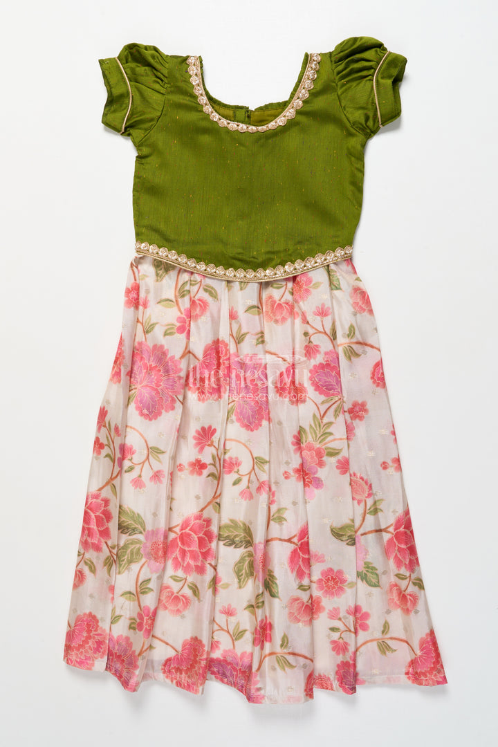 Baby Girl Green Pattu Pavadai with Lace Detailing and Floral Print Skirt
