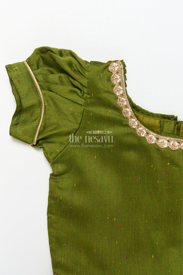 Baby Girl Green Pattu Pavadai with Lace Detailing and Floral Print Skirt