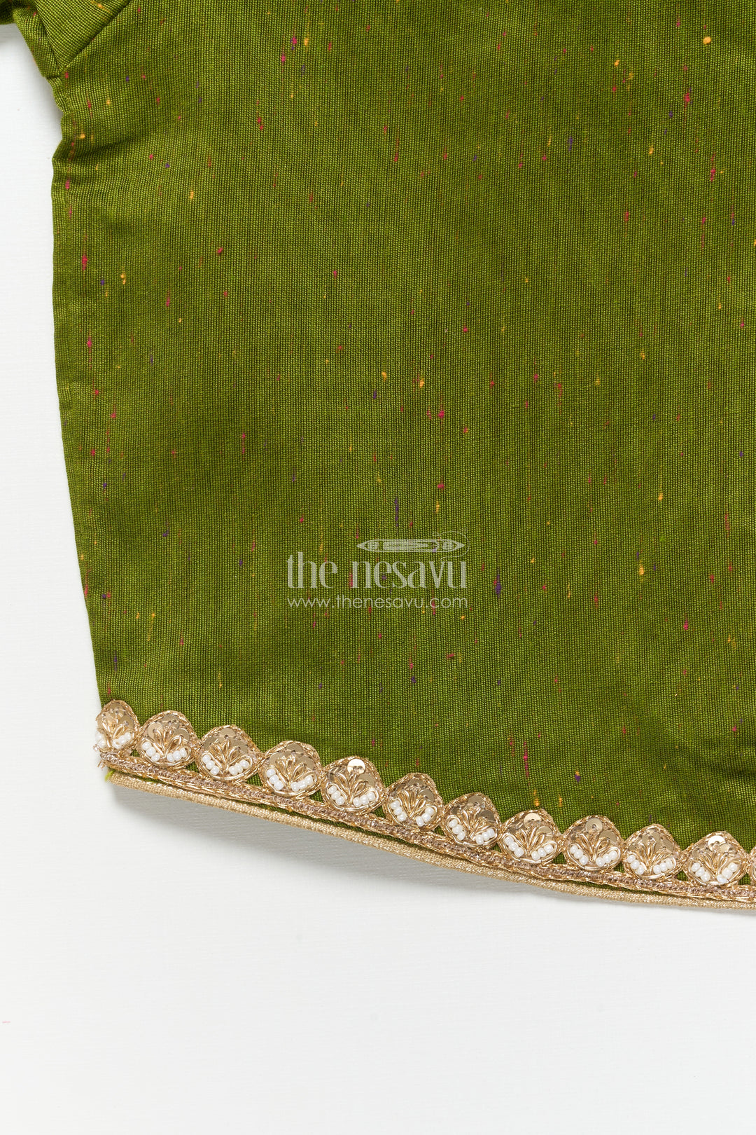Baby Girl Green Pattu Pavadai with Lace Detailing and Floral Print Skirt