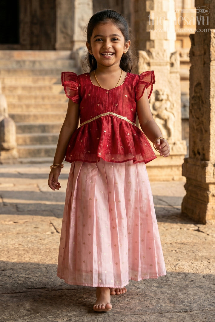 Baby Girl Pink Semi Banaras Pattu Pavadai for Temple Visits and Family Events