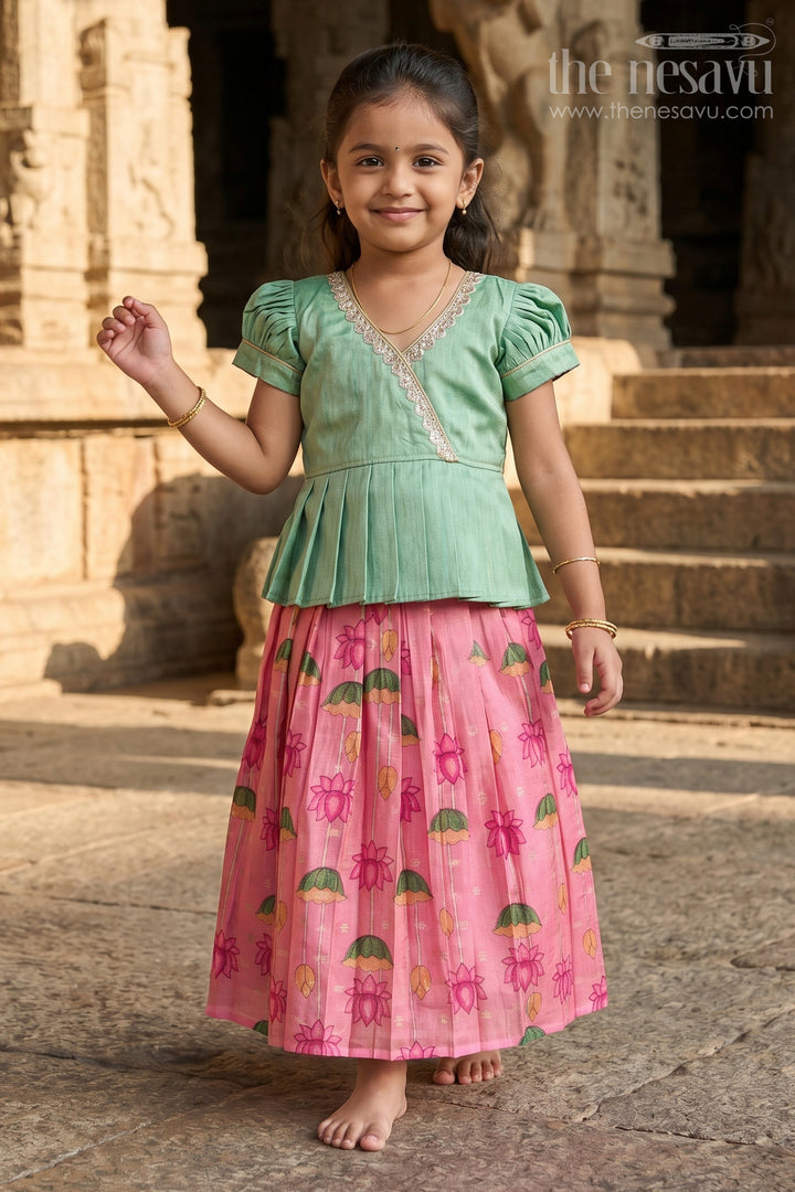 Ethnic Lotus Print Baby Pattu Pavadai for First Festivals and Milestone Days